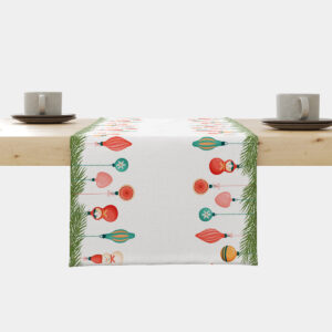 bieżnik świąteczny biały z zieloną gałązką i kolorowymi bombkami