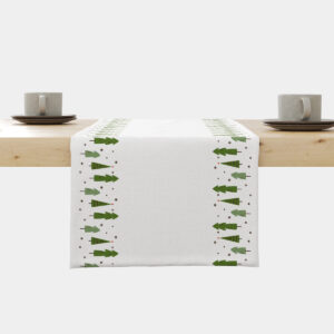 bieżnik świąteczny biały z zielonym wzorem choinek