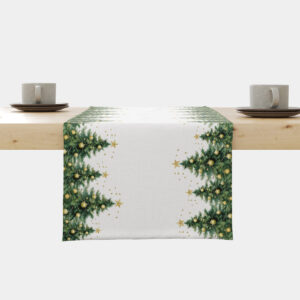bieżnik świąteczny biały z choinkami i złotymi bombkami