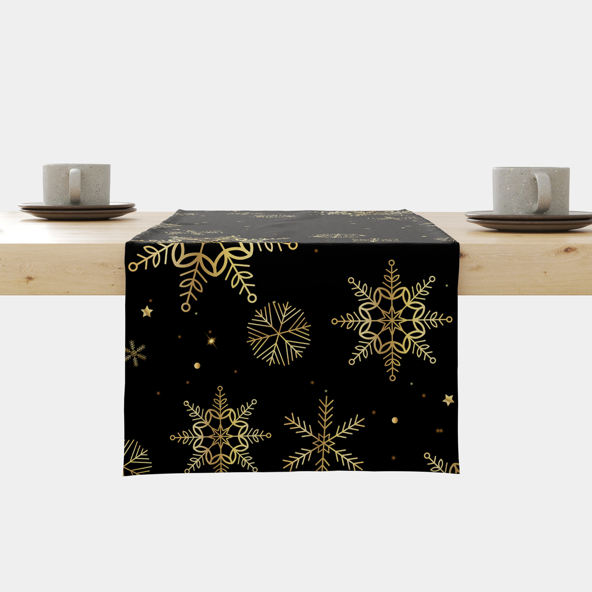 bieżnik świąteczny czarny ze złotymi płatkami śniegu na stole