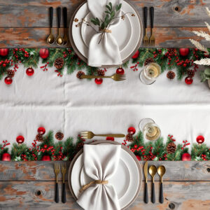 Bieżnik świąteczny ułożony na stole w aranżacji świątecznej z nakryciami.