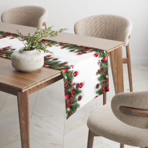 Bieżnik świąteczny biały z dekoracjami bożonarodzeniowymi na nowoczesnym stole.