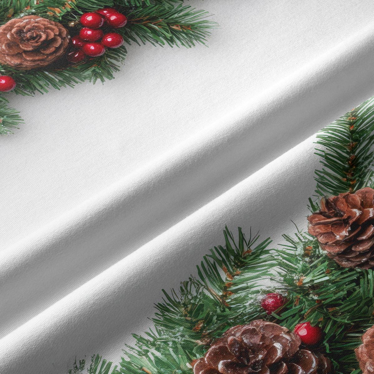 świąteczny bieżnik z motywem gałązek, szyszek i bombek