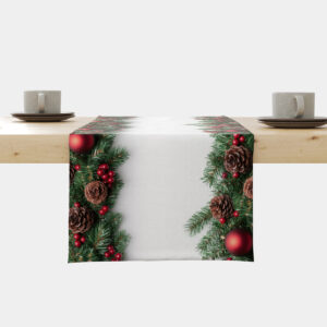 bieżnik świąteczny biały z szyszkami i czerwonymi bombkami