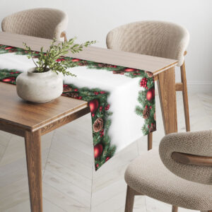 biały bieżnik bożonarodzeniowy z dekoracją zimową
