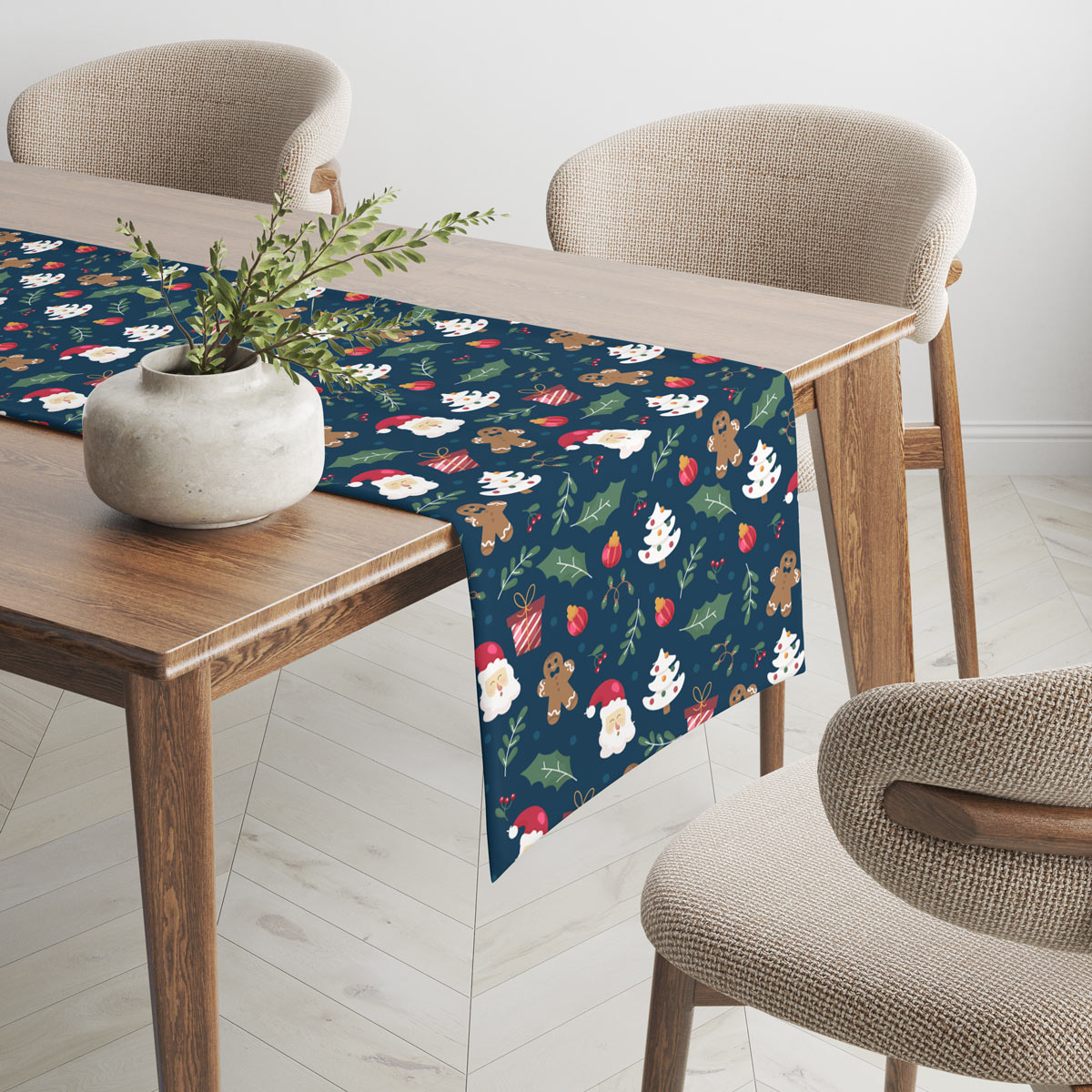 Bieżnik świąteczny na wymiar granatowy wzór z Mikołajem i pierniczkami