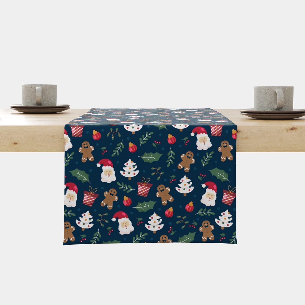 Bieżnik świąteczny na wymiar granatowy wzór z Mikołajem i pierniczkami