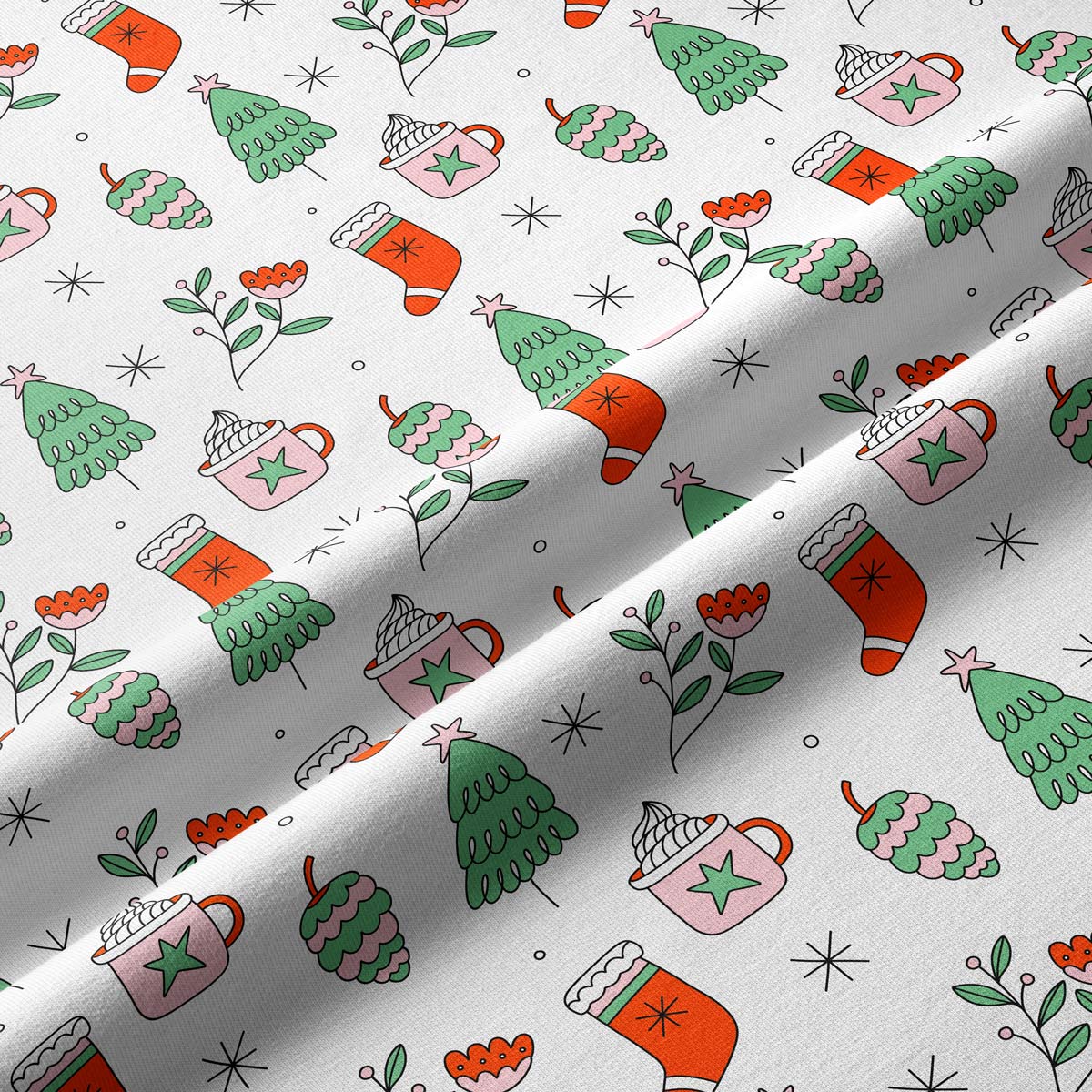 tkanina zimowa z motywem choinek, skarpet i kubków