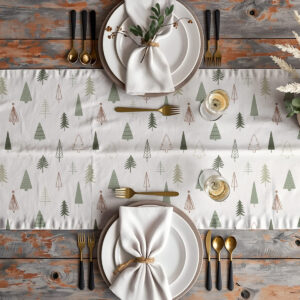 aranżacja stołu z białym bieżnikiem świątecznym w odcieniach zieleni i beżu