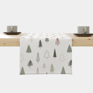 bieżnik świąteczny biały z choinkami w zieleni i beżu – na stole