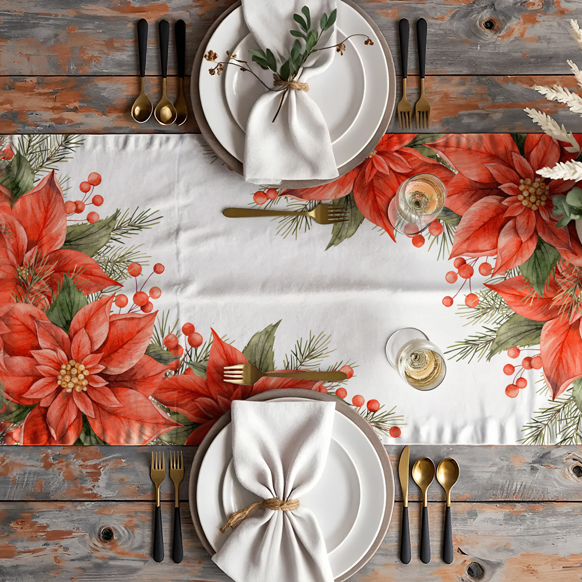 świąteczna dekoracja stołu z białym bieżnikiem i czerwonymi kwiatami