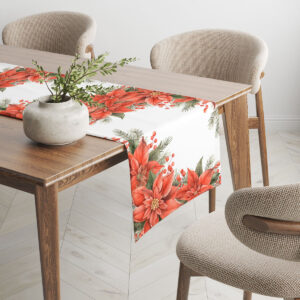 aranżacja świąteczna z bieżnikiem z czerwonymi poinsecjami