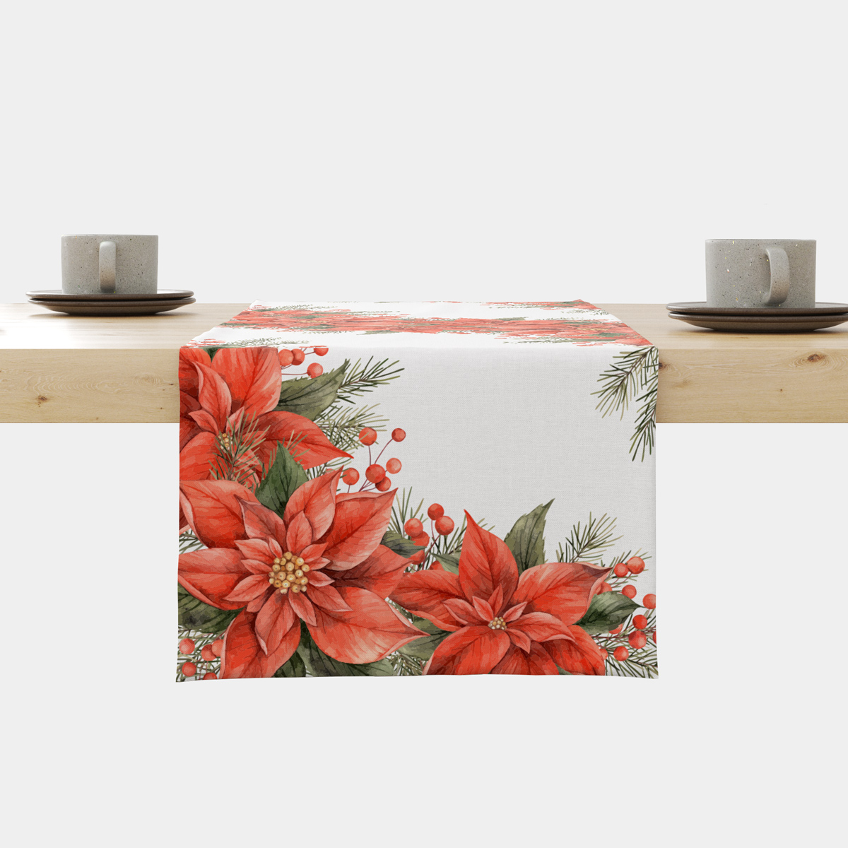 bieżnik świąteczny biały z czerwonymi poinsecjami i gałązkami