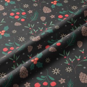 tkanina zimowa czarna z szyszkami, gałązkami i czerwonymi akcentami