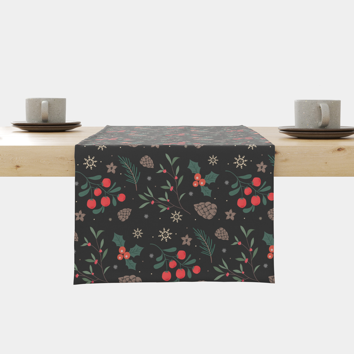 bieżnik świąteczny czarny z gałązkami i czerwonymi owocami