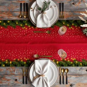 dekoracja stołu z bieżnikiem czerwonym i świerkowymi gałązkami