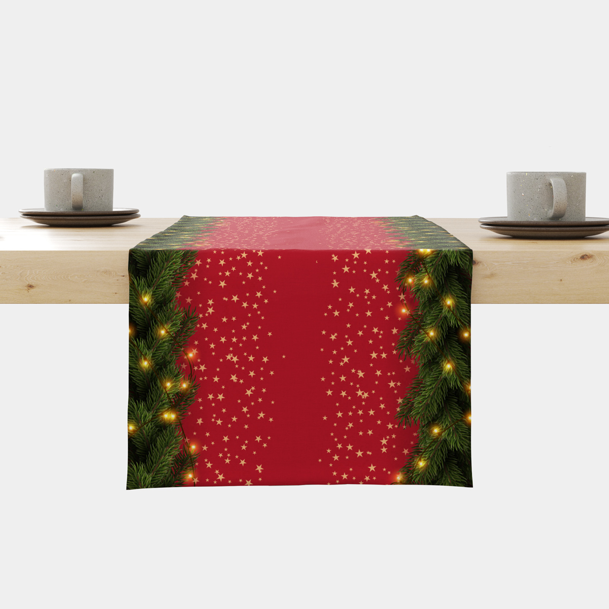 świąteczny bieżnik czerwony z girlandą świerkową i złotymi gwiazdkami