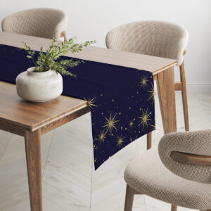 aranżacja wnętrza z granatowym bieżnikiem świątecznym w złote gwiazdy
