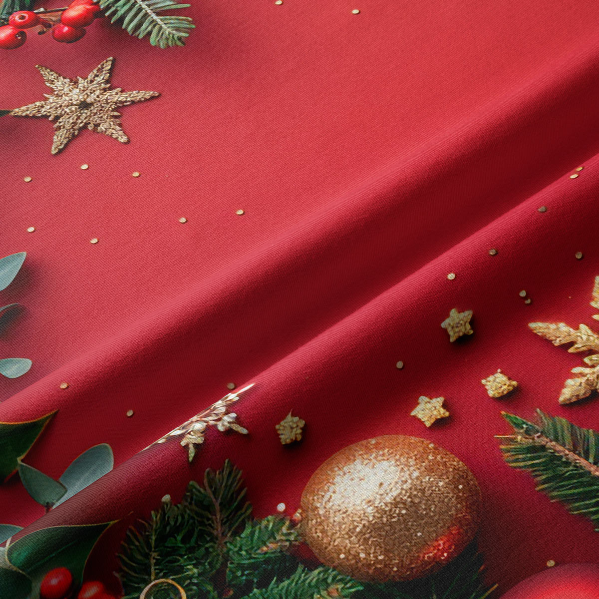 detal tkaniny – czerwony bieżnik ze złotymi śnieżynkami