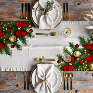 dekoracja stołu z białym bieżnikiem świątecznym i zielonymi gałązkami