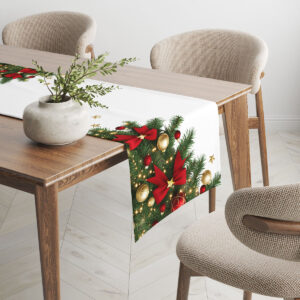 aranżacja wnętrza z białym bieżnikiem świątecznym i czerwonymi kokardami