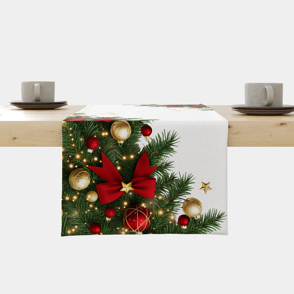 bieżnik świąteczny biały z zielonymi gałązkami i czerwonymi kokardami