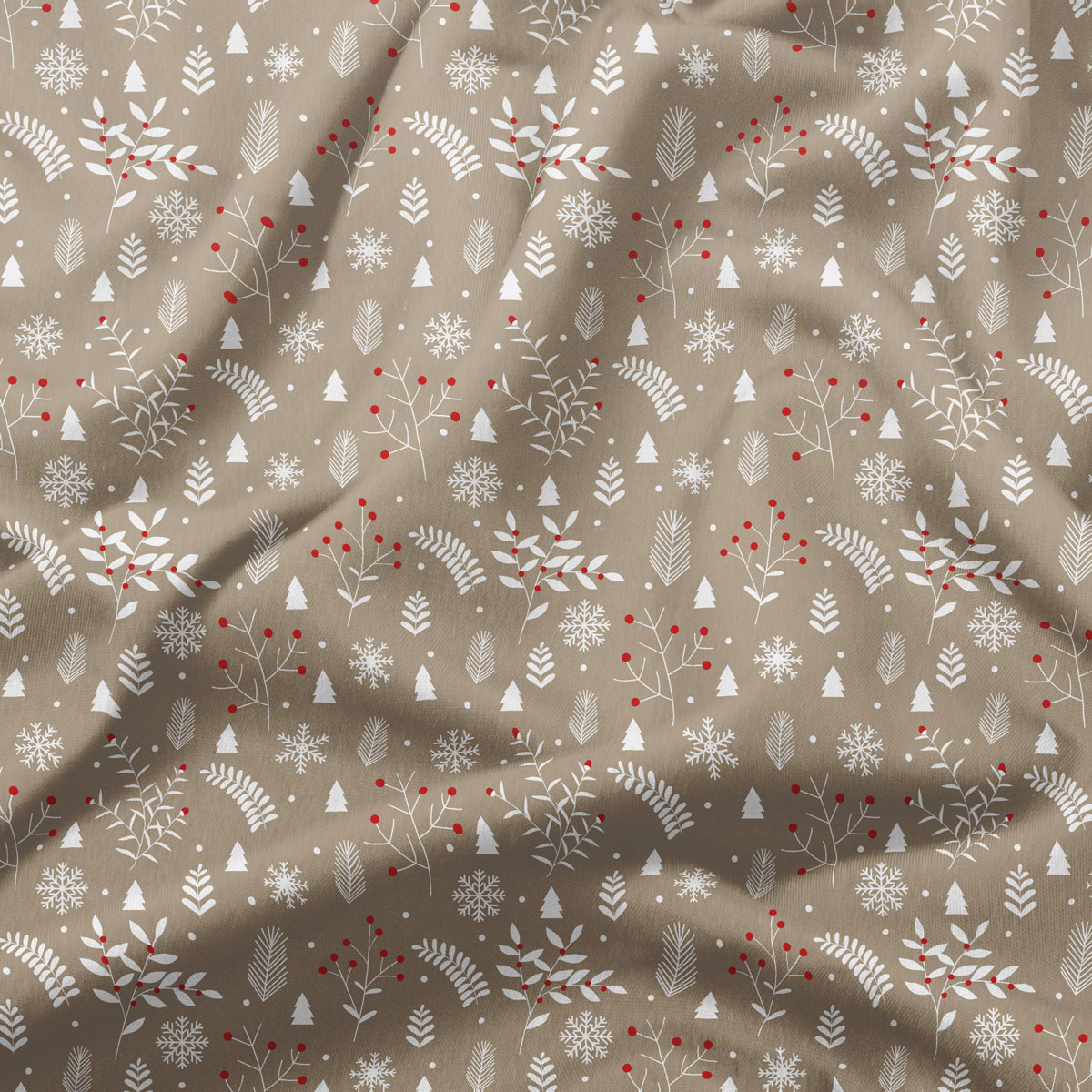 beżowy obrus świąteczny okrągły z zimowym wzorem gałązek