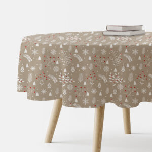 beżowy obrus świąteczny okrągły z zimowym wzorem gałązek