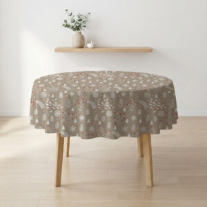 beżowy obrus świąteczny okrągły z zimowym wzorem gałązek