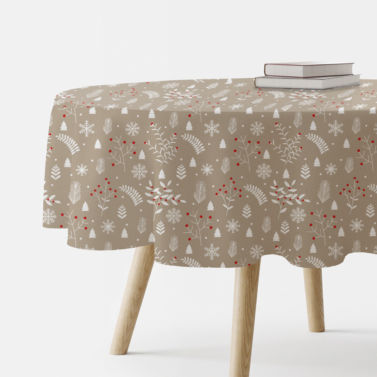 beżowy obrus świąteczny okrągły z zimowym wzorem gałązek