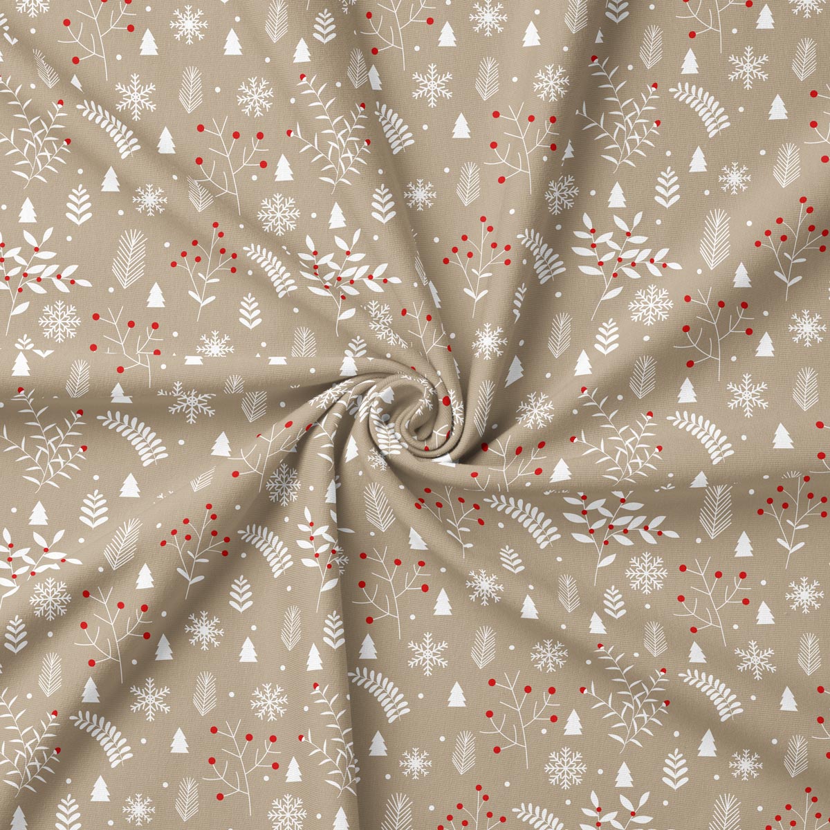 tkanina beżowa z zimowym motywem gałązek i płatków śniegu