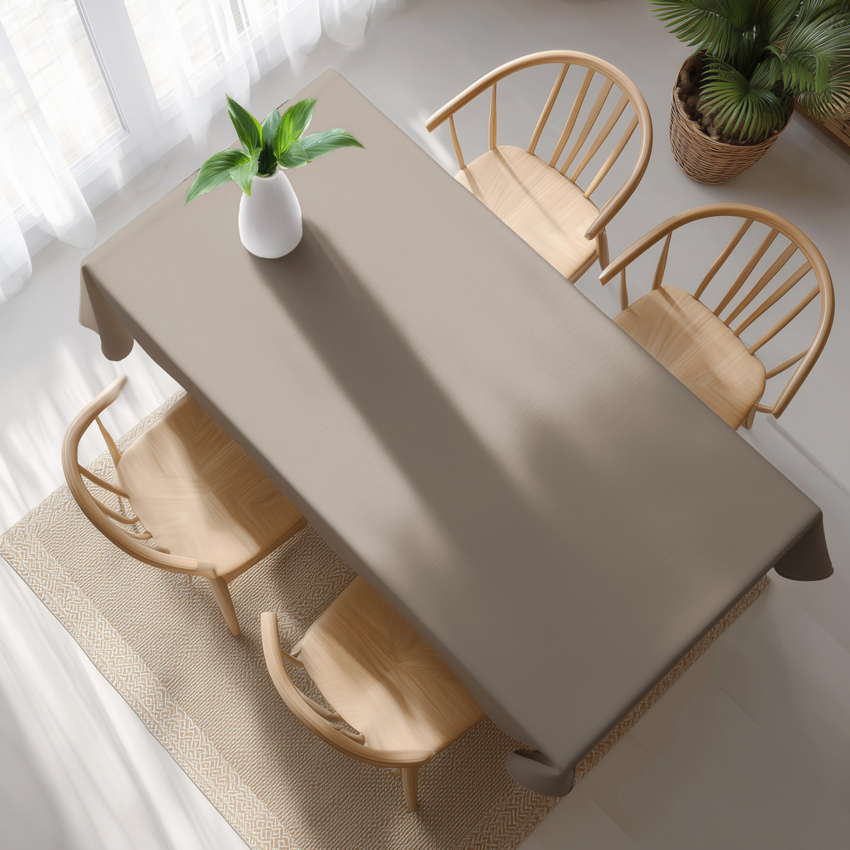 widok z góry na beżowy obrus świąteczny w stylu skandynawskim