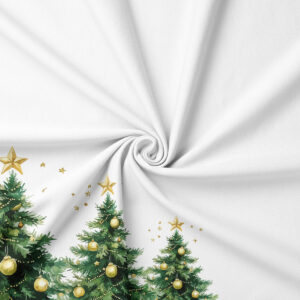 tkanina z motywem choinek i złotych gwiazdek