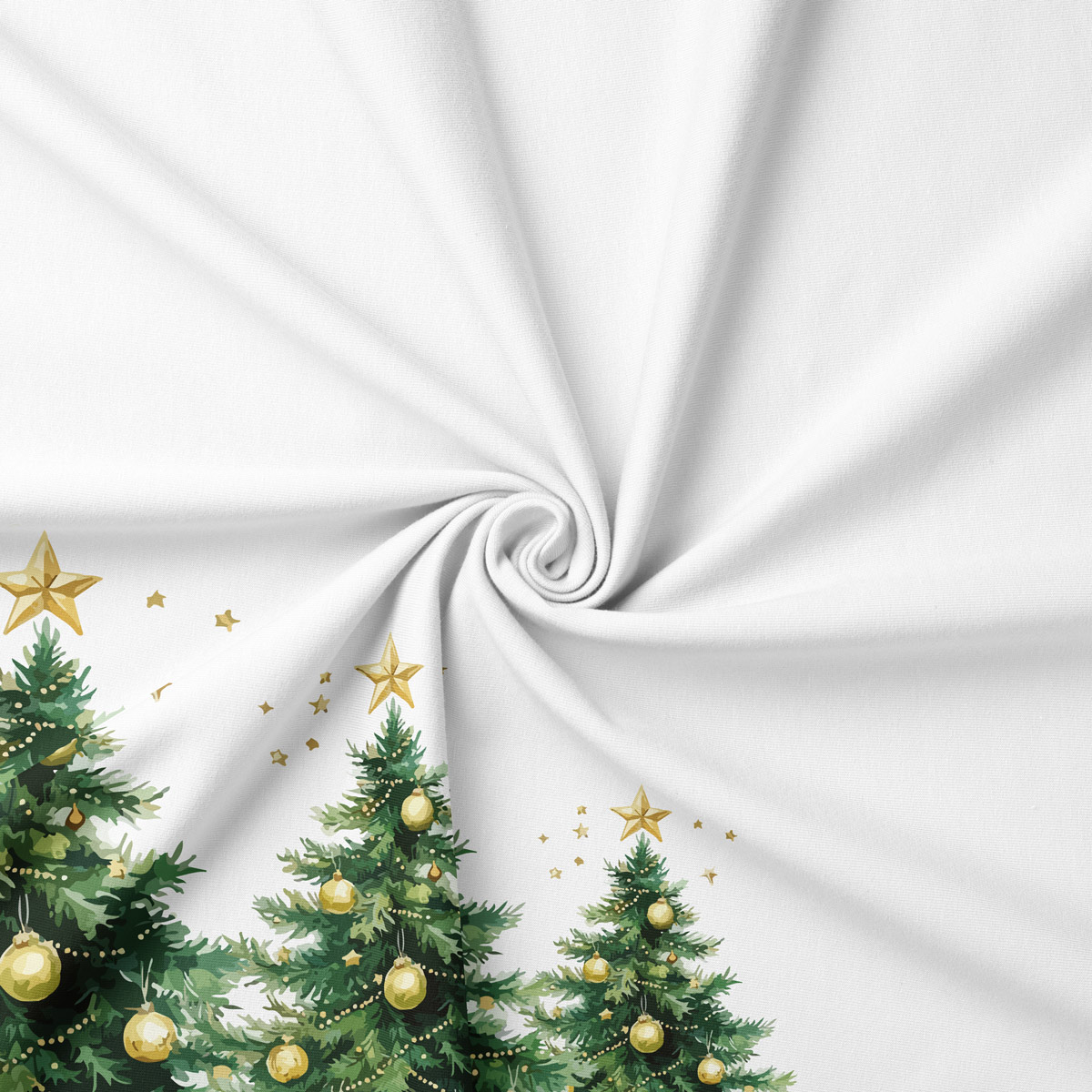 tkanina z motywem choinek i złotych gwiazdek