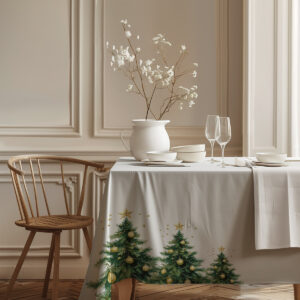 świąteczny obrus z choinkami i złotymi bombkami w klasycznej aranżacji wnętrza