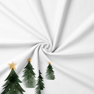 tkanina z zielonymi choinkami i złotymi gwiazdkami