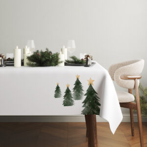 elegancki obrus świąteczny z choinkowym wzorem na stole