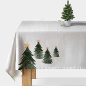 biały obrus świąteczny z choinkami i złotymi gwiazdami