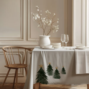 obrus świąteczny z choinkami i złotymi gwiazdkami w klasycznej aranżacji wnętrza