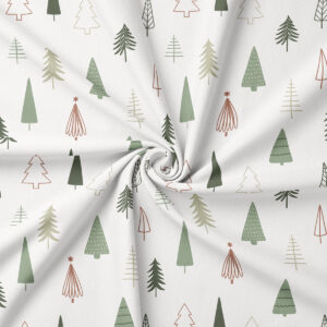 tkanina w jasnym kolorze z choinkami w odcieniach zieleni i beżu