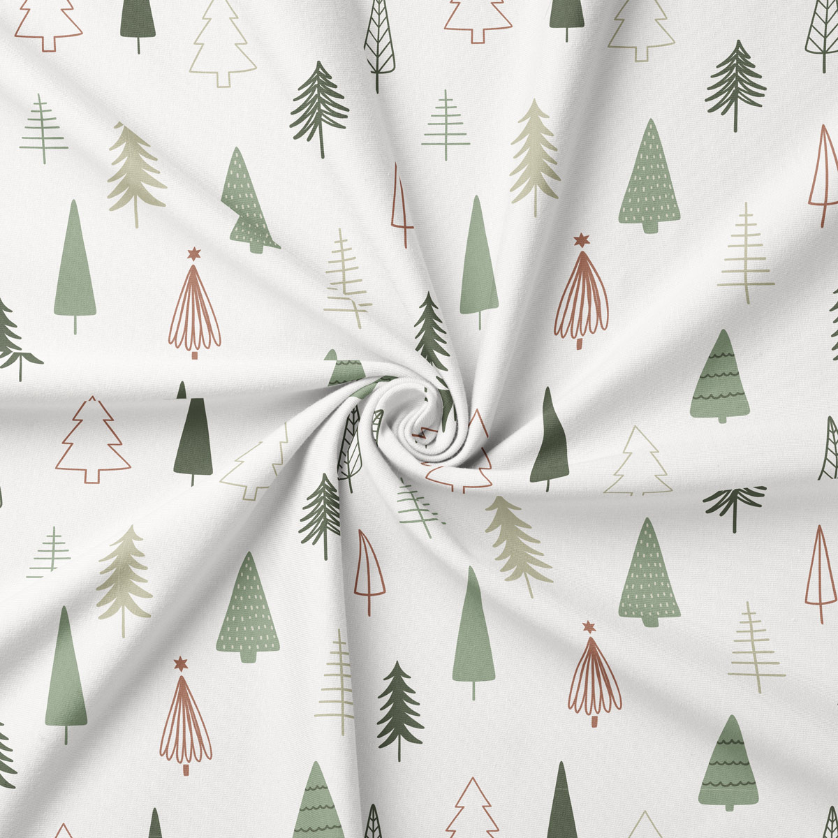 tkanina w jasnym kolorze z choinkami w odcieniach zieleni i beżu