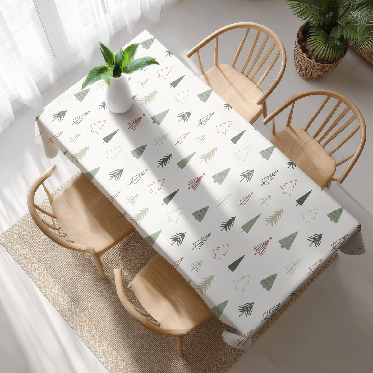 widok z góry na obrus z wzorem choinek w stylu skandynawskim