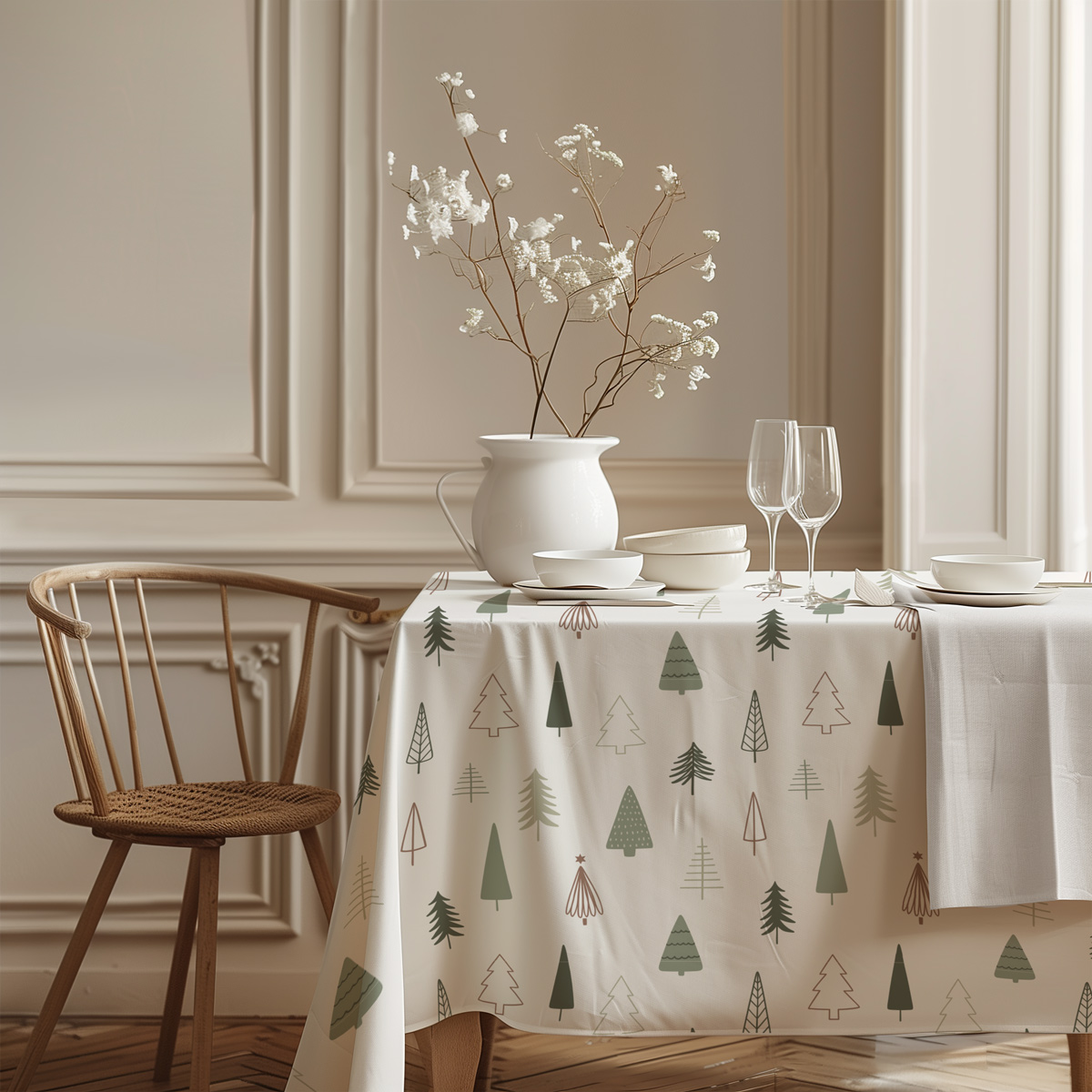 elegancki biały obrus z choinkami w naturalnych kolorach w klasycznym wnętrzu