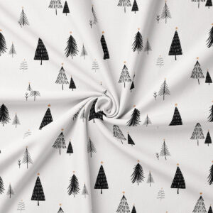 tkanina w białym kolorze z graficznym motywem choinek