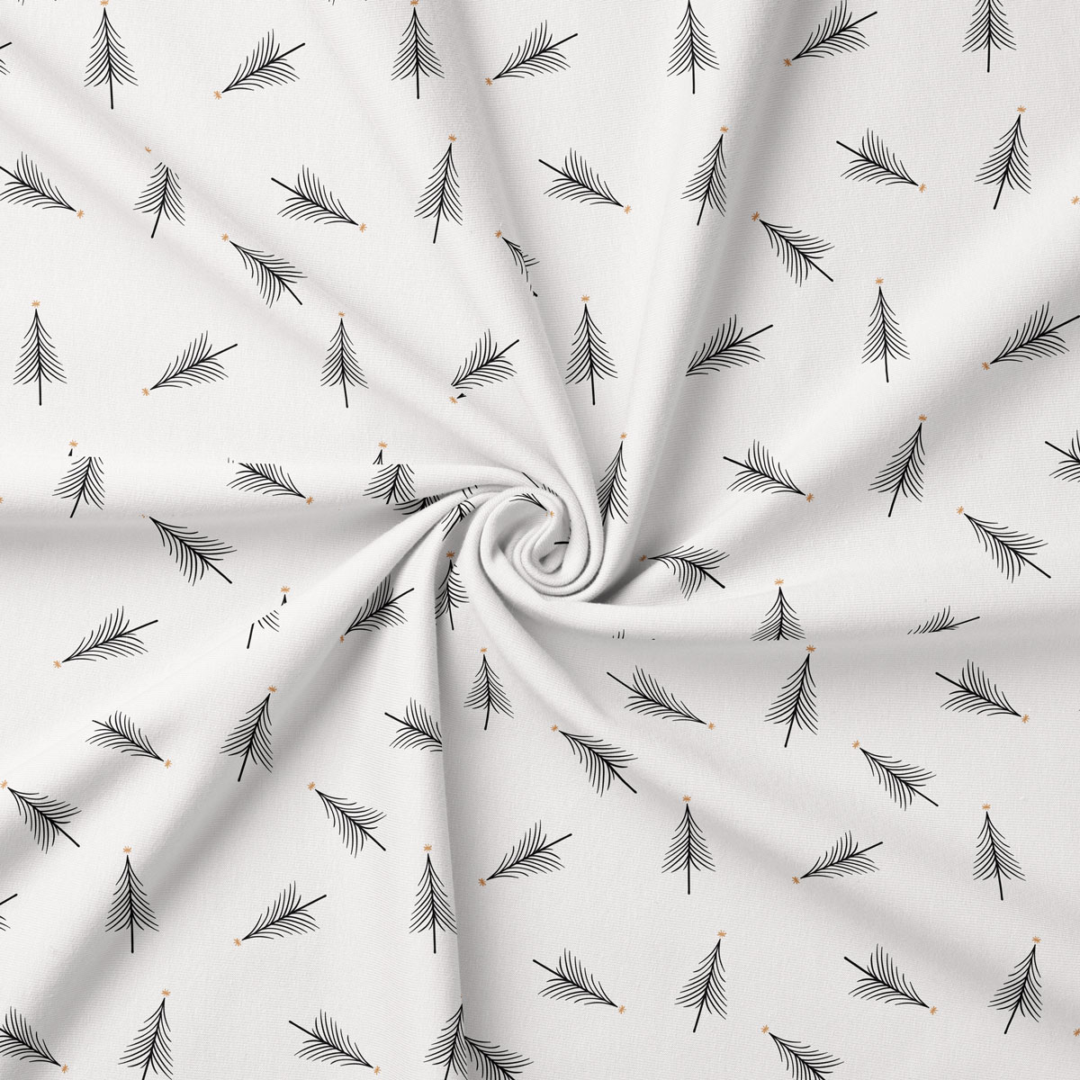 tkanina w kolorze białym z czarnymi choinkami – zbliżenie wzoru