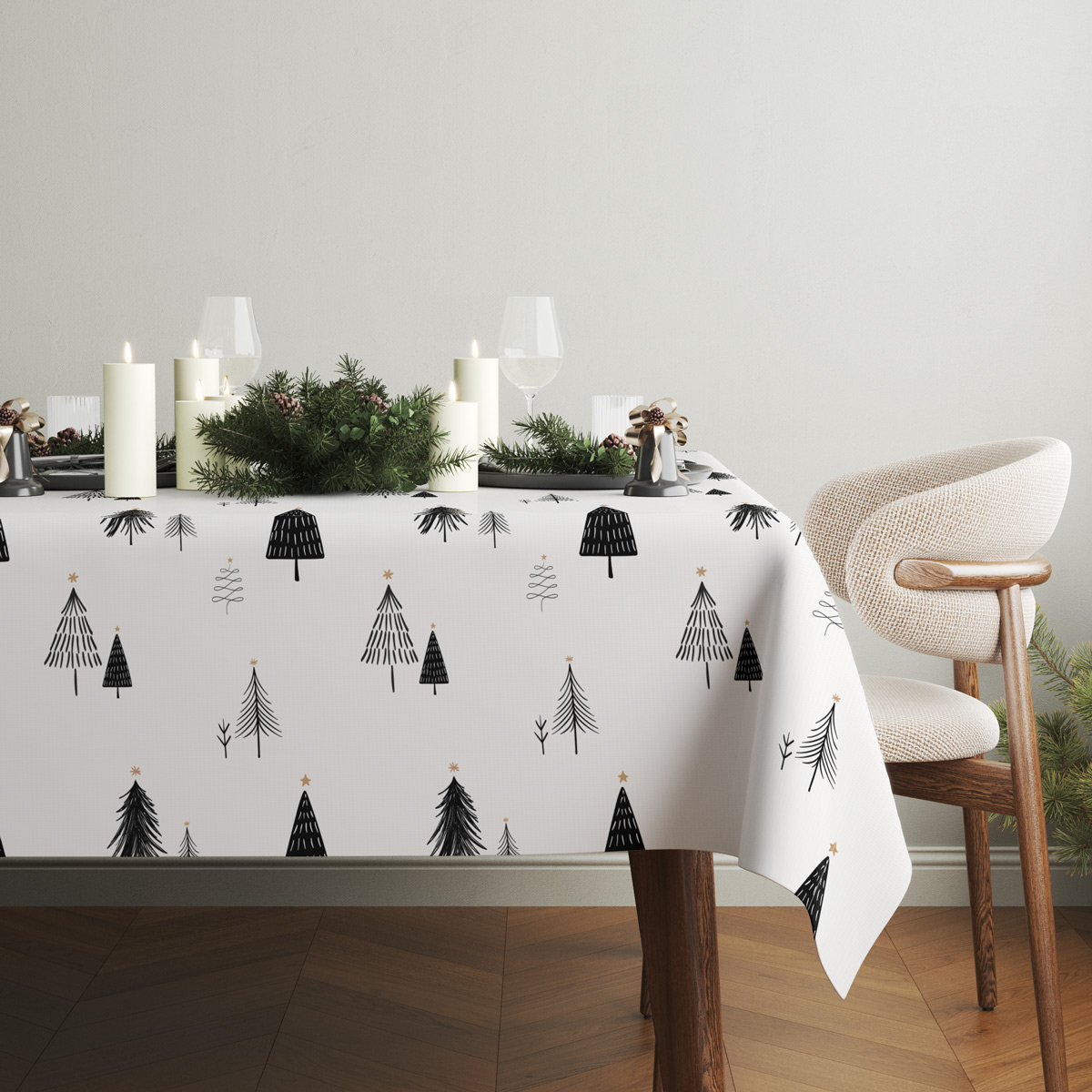 obrus biały z czarnymi choinkami w nowoczesnej jadalni