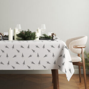 elegancki obrus biały z delikatnym motywem choinek w aranżacji stołu