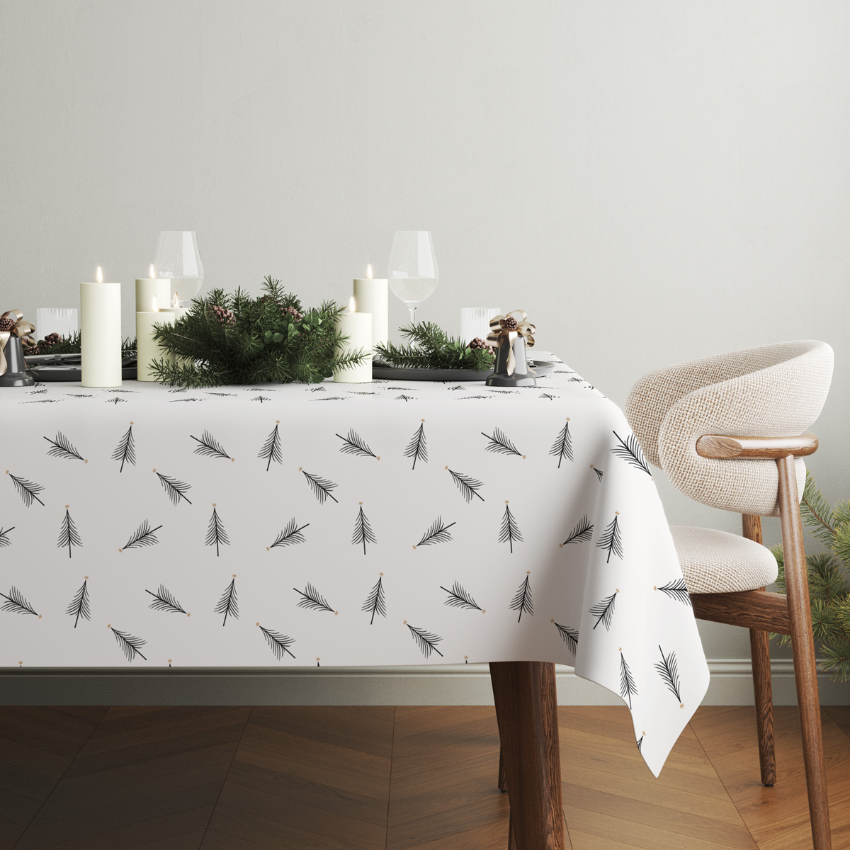 elegancki obrus biały z delikatnym motywem choinek w aranżacji stołu