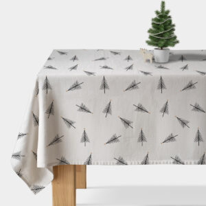 biały obrus z czarnym wzorem choinek na stole