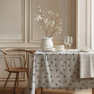 biały obrus z czarnymi choinkami w jasnym wnętrzu jadalni
